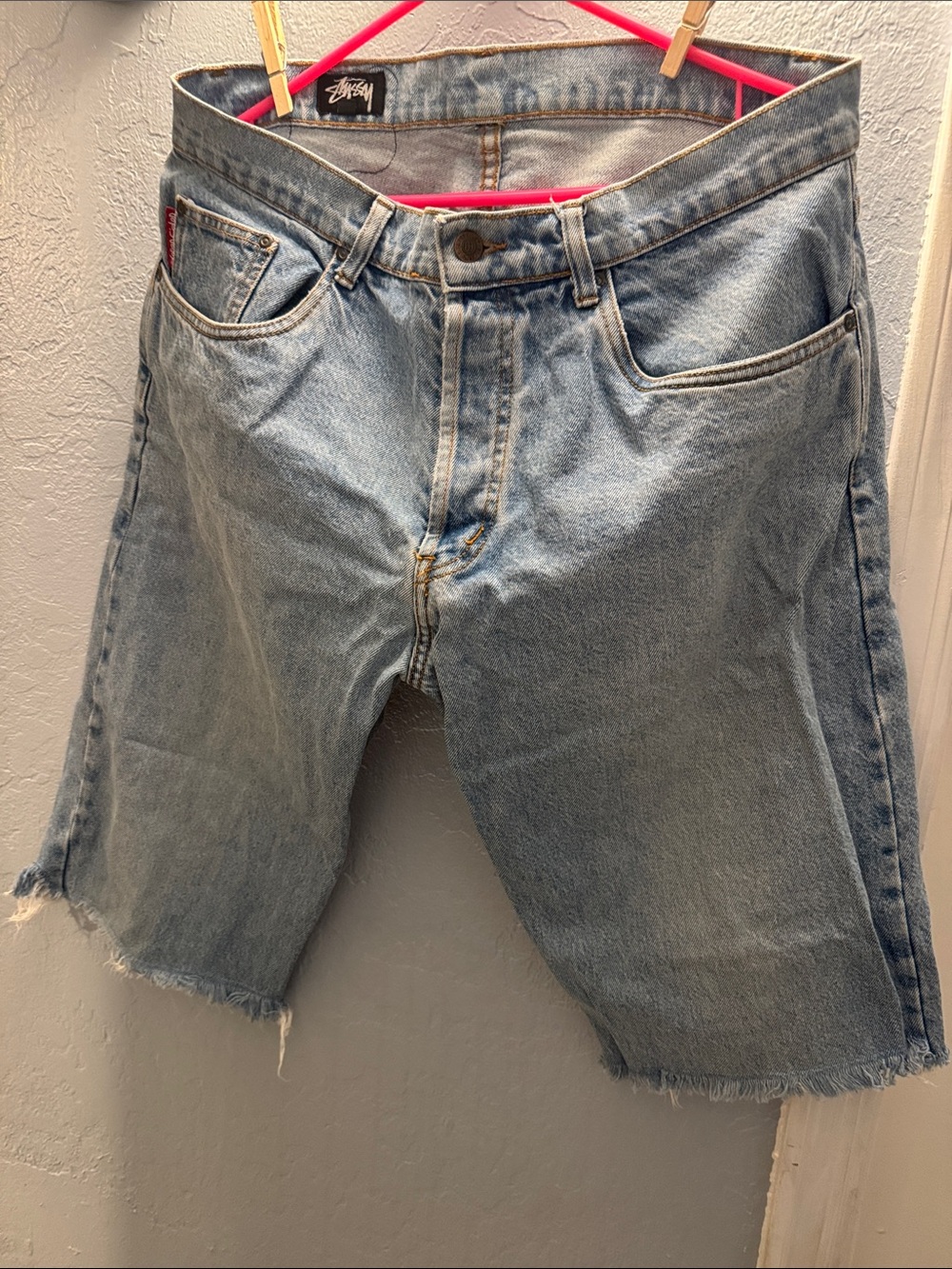 Stussy Vintage BIG OLE JEANS Cutoffs W=36”. Inseam = 15”. Outseam = 26”